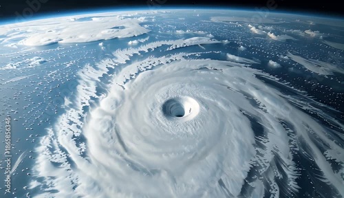 Massive Hurricane From Above Showing Swirling Clouds Over Blue Ocean Water With Speckles Of Sunlight Reflection