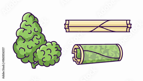 A stylized illustration of cannabis buds and rolling papers