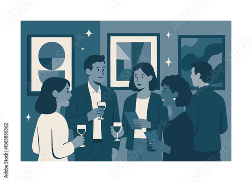 Contemporary Art Gathering. Opening reception. People gather with small glasses and programs, chatting near vivid contemporary pieces. Soft sparkles show