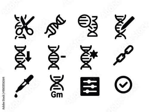Gene Editing Icons. Gene editing. Solid icon set of Gene editing: CRISPR scissors, guide RNA, DNA target site, edit marker, insertion arrow, deletion dash,