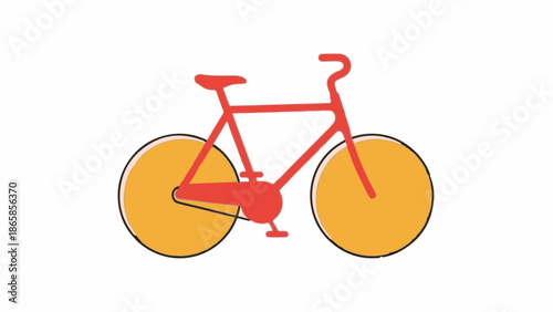 A simple red bicycle with orange wheels stands out against a white background
