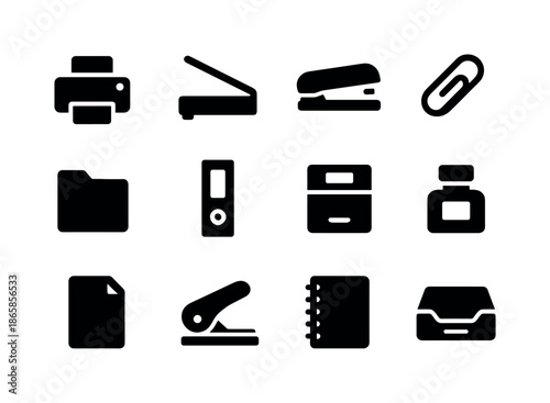Office Tools Icons. Office tools. Solid icon set of Office tools: printer, scanner, stapler, paperclip, folder, binder, file box, ink bottle, paper sheet, hole