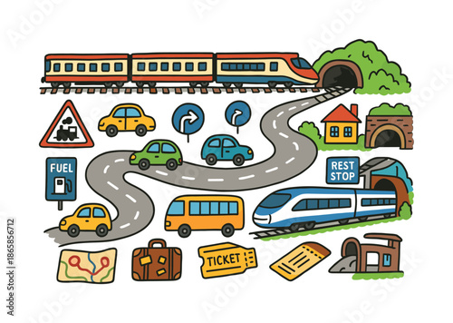 Eurasian Transit Adventure. Eurasian rail and road. Colorful Hand-drawn doodle Children illustration Eurasian rail and road long train, high-speed train,