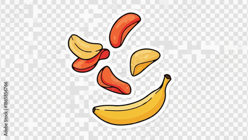A yellow banana rests below scattered orange and yellow chips, set against a transparent background