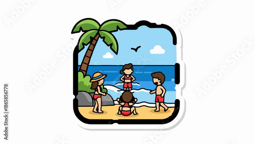 Adorable cartoon depiction of people enjoying a sunny day at the beach with a palm tree