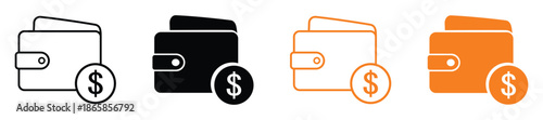 Wallet icon with a dollar sign, representing money, finance, savings, payment, and personal budgeting. Simple flat vector symbol isolated on transparent or white background.