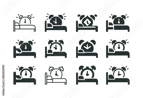 Alarm Clock Icons. Alarm Clock Set for the Morning Next to the Bed. Icon set. Set Logo of Alarm Clock Next to Bed: ringing clock with motion lines. harmonious