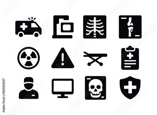 Emergency Radiology Icons. Emergency Radiology. Solid icon set of Emergency Radiology: ambulance icon, x-ray machine, chest scan, fracture scan, skull x-ray,