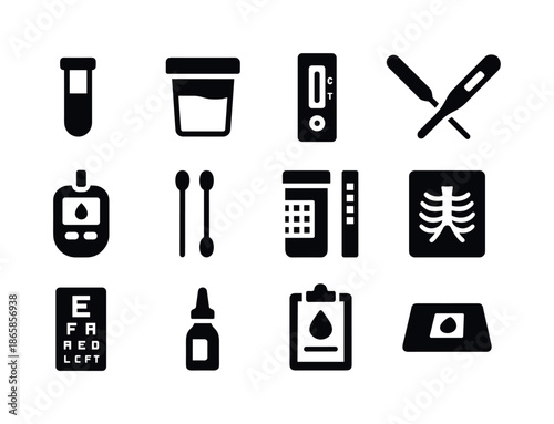 Diagnostic Tool Icons. Diagnostic Supplies. Solid icon set of Diagnostic Supplies: test tube, specimen cup, rapid test kit, thermometer, blood glucose meter,