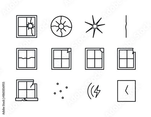Cracked Windows Icons. cracked windows. Line icon set of cracked windows: window impact hole, circular fracture, starburst crack, long vertical crack, long