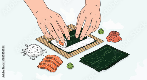 Making sushi with salmon and rice
