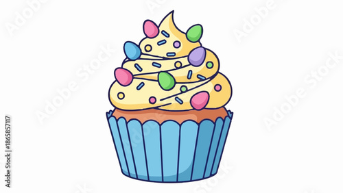 A yellow frosted cupcake with colorful sprinkles and egg-shaped candies