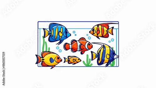 Cartoon aquarium with vibrant tropical fish and green underwater plants