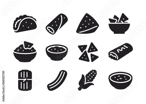 Mexican Food Icons. Mexican food. Solid icon set of Mexican food: taco, burrito, quesadilla, nachos, guacamole bowl, salsa dish, tortilla chips, enchilada,