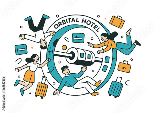 Zero Gravity Hotel. Orbital hotel stay. Tourists float in zero gravity inside a ring-shaped space hotel; luggage and room icons drift gently around. Modern