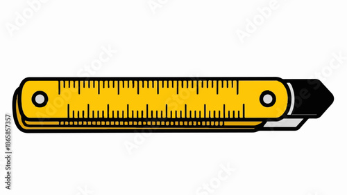 A yellow measuring tape tool, showing metric and imperial scales, with a black tip