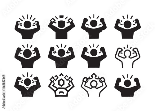 Rage Chain Logos. Breaking chains in rage. Icon set. Set Logo of Breaking chains in rage: rage lines around head. harmonious logo variations of the same