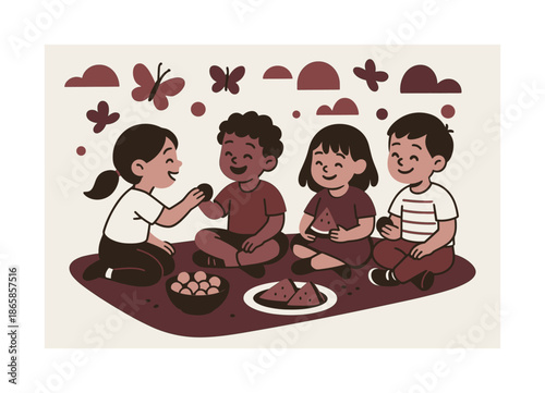 Blissful Playtime Picnic. Playtime picnic. Kids share snacks on a blanket as butterflies and soft shapes float above, creating a gentle, cheerful moment.