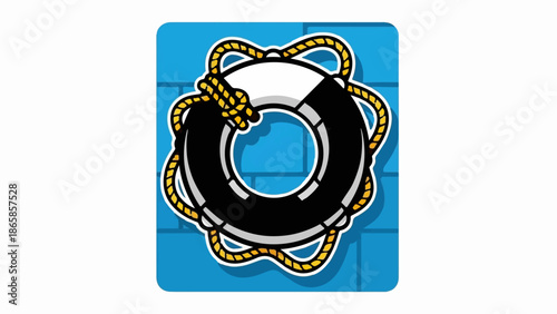 A stylized life preserver with rope rests on a textured blue background