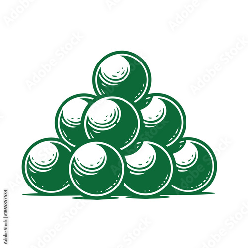 green golf balls stacked in a pyramid shape on white background  golfing sports equipment