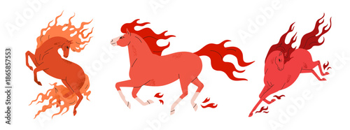 Bright red fire horse galloping and jumping. Free stallions in a dynamic pose, elegant mares in motion. Chinese New Year 2026 symbol. Flat vector illustration isolated on white background