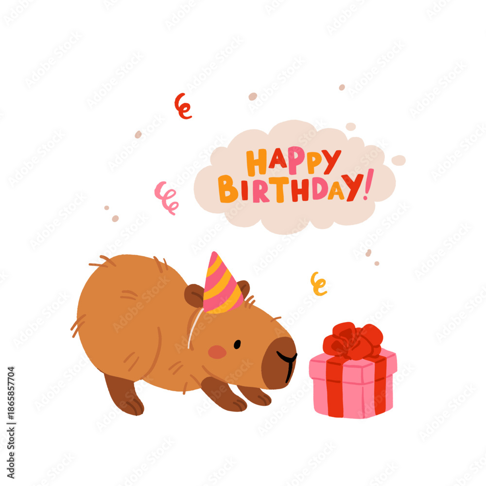 Naklejka premium Happy birthday party with cute capybara. Vector collection of Funny amusing capybara characters celebrating birthday. Childish baby adorable nice animals cliparts.