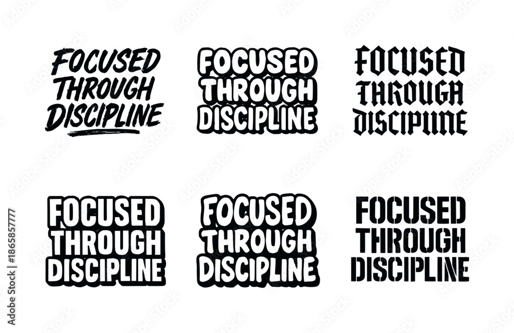 Fototapeta premium Diverse Lettering Grid. Focused through discipline. Set lettering. harmonious lettering variations of the same emblematic concept (Grunge textured brush