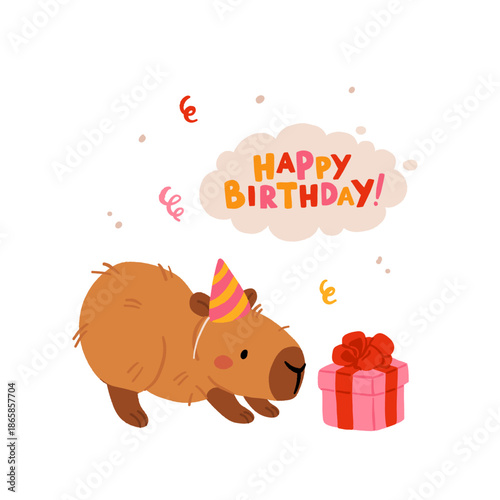 Happy birthday party with cute capybara. Vector collection of Funny amusing capybara characters celebrating birthday. Childish baby adorable nice animals cliparts.