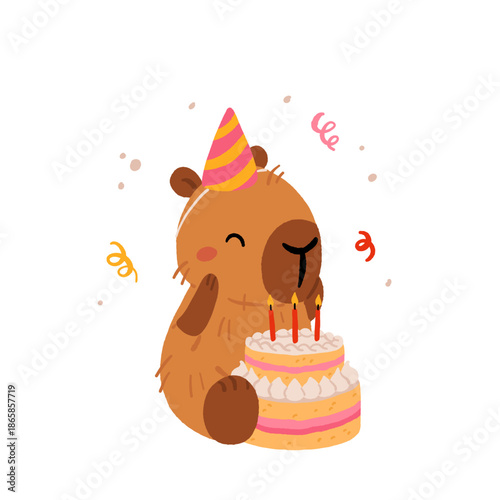 Happy birthday party with cute capybara. Vector collection of Funny amusing capybara characters celebrating birthday. Childish baby adorable nice animals cliparts.