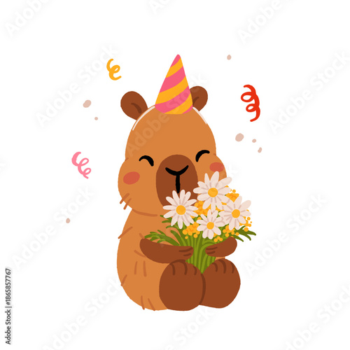 Happy birthday party with cute capybara. Vector collection of Funny amusing capybara characters celebrating birthday. Childish baby adorable nice animals cliparts.