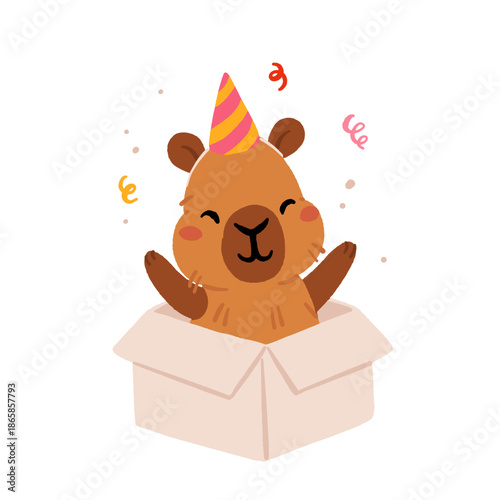 Happy birthday party with cute capybara. Vector collection of Funny amusing capybara characters celebrating birthday. Childish baby adorable nice animals cliparts.