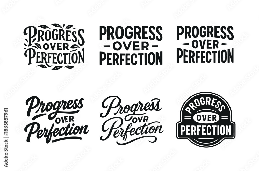 Fototapeta premium Creative Lettering Grid. Progress over perfection. Set lettering. harmonious lettering variations of the same emblematic concept, each with different artistic