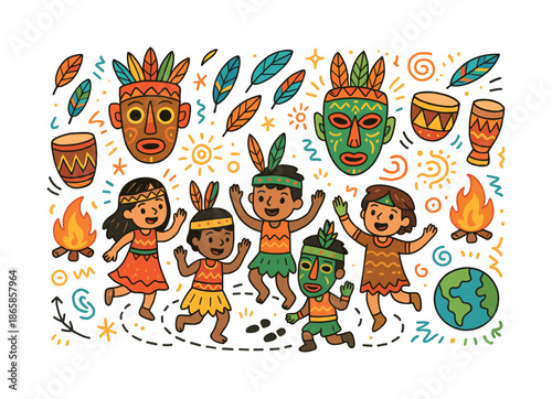 Colorful Ceremonial Dance. Ceremonial dance. Colorful Hand-drawn doodle Children illustration Ceremonial dance masks, feathers, circle of dancers, drums,