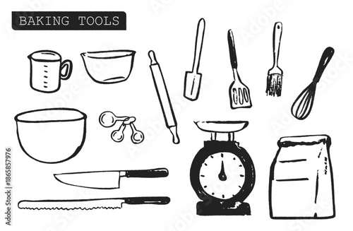 手描きのお菓子作り道具を線画で描いたイラストセットです。
シンプルなモノクロで、レシピや料理ブログ、パッケージ、教材などに使いやすいデザインです。