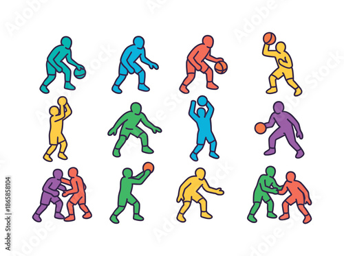 Basketball Positions Icons. Basketball positions. Colorful isometric vector icons set of Basketball positions: point guard silhouette, shooting guard