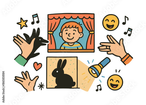 Shadow Puppet Fun. Shadow puppets. Colorful Hand-drawn doodle Children illustration Shadow puppets hands forming dog shape, hands forming bird shape, bunny