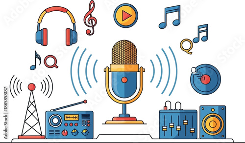 Vibrant illustration depicting essential audio recording studio equipment broadcasting music podcasts and radio signals through waves and abstract symbols