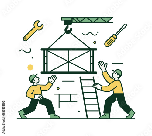 Scaffold Hoisting Scene. Scaffold platform lift. A crane hoists a scaffold section into position while workers guide from below; tension lines and tool icons