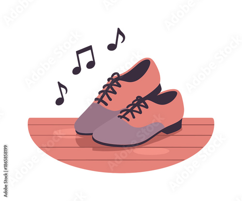 Dance Shoes Reflection. Dance shoes on wooden floor. A pair of dance shoes rest lightly on polished wood, soft reflections glowing beneath them. Floating music