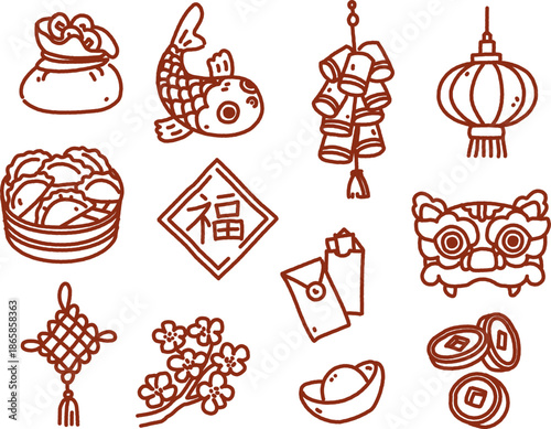 Chinese New Year Icon Set in Doodle Style. Linear objects for the spring festival with lanterns, coins and a dragon mask. Hieroglyph wishing happiness good luck and well-being