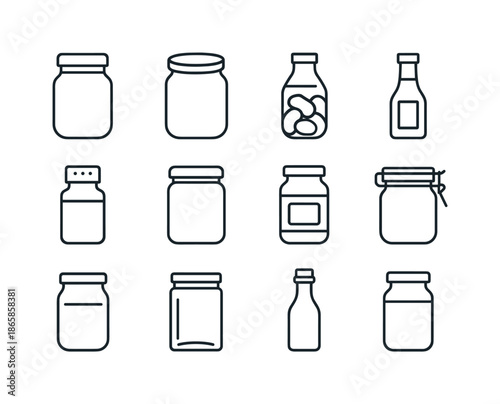 Glass Packaging Icons. Glass food packaging. Line icon set of Glass food packaging: mason jar, twist-off lid, preserved food icon, sauce bottle, spice jar,