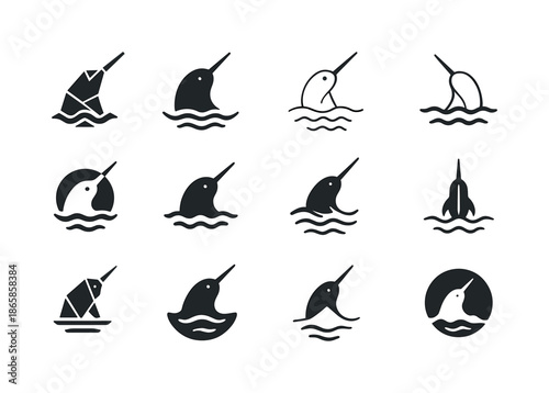 Arctic Narwhal Logos. Arctic. Icon set. Set Logo of Arctic: narwhal with long tusk rising from water. harmonious logo variations of the same emblematic