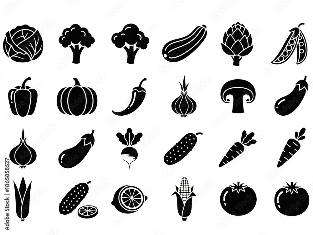 Fototapeta premium Vibrant vegetable icons set for food and nutrition designs