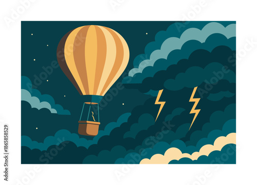 Ballooning Near Storm Clouds. High-altitude ballooning. Balloon drifting near storm clouds; lightning shapes glowing in distance. Basket swinging gently with