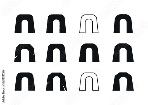 Monolithic Icon Variations. Monolithic building. Icon set. Set Logo of monolithic building: giant stone archway. harmonious logo variations of the same