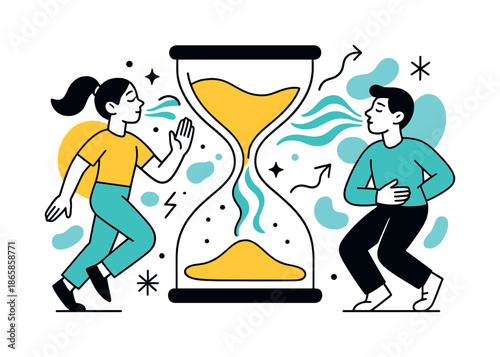 Airy Sand Metamorphosis. Hourglass Breath Journey. Flowing sand turns to airy ribbons halfway down, guiding the viewer from dense to light. Floating sparkles