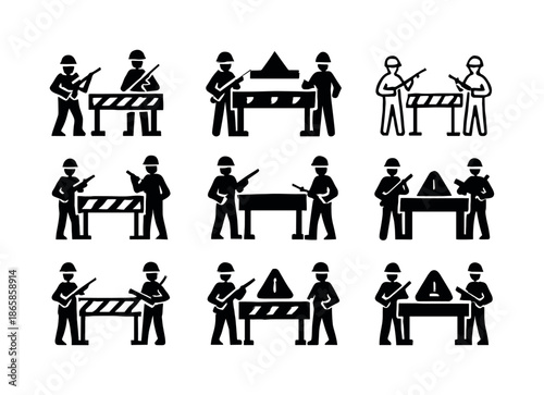 Military Checkpoint Logos. A military checkpoint with soldiers keeping watch. Icon set. Set Logo of Military checkpoint: checkpoint sign. harmonious logo