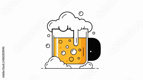 A stylized mug overflowing with frothy, golden liquid and bubbles