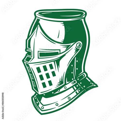 Green knight helmet with visor and rivets isolated on transparent background
