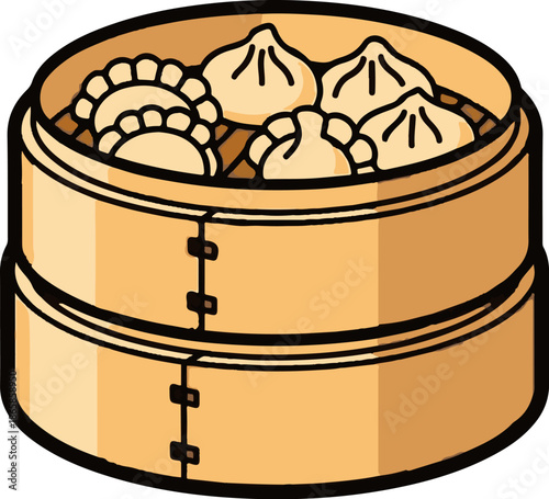 A simplified cartoon illustration of a two-tiered bamboo steamer filled with dumplings